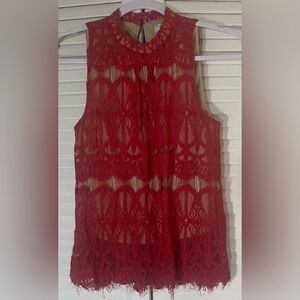 Love Fire Lace Halter Tank Top with High Neck, Size S, Red with Nude Lining